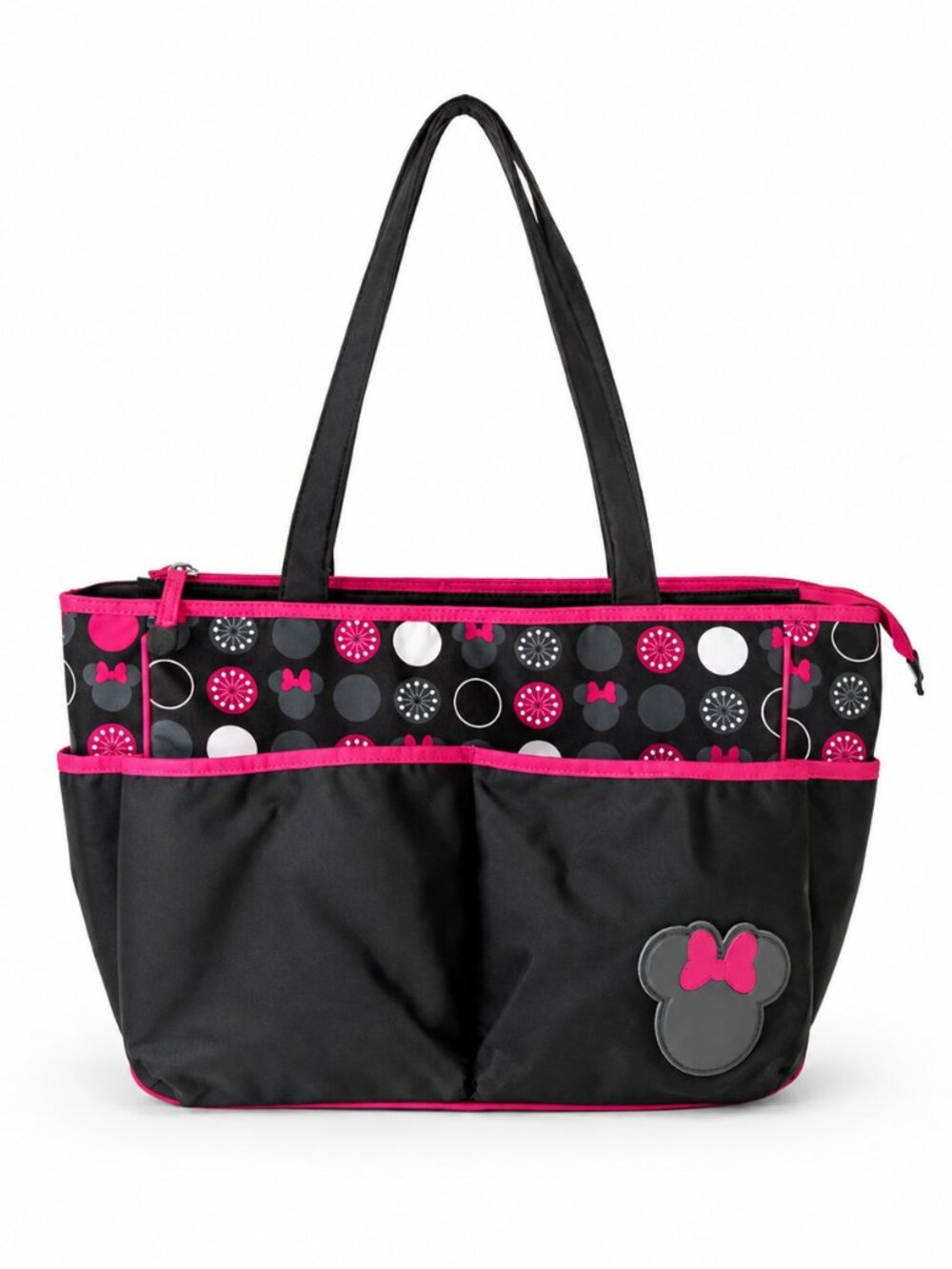 Disney Baby Minnie Mouse Diaper Bag Tote Black Pink Multi Pocket Zip Top EUC